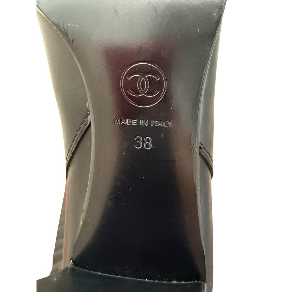 CHANEL Tall Black Leather Knee High Boots Size 38 CC Logo Block Heel - Picture 13 of 16